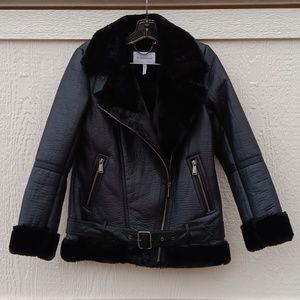 BCBG black faux fur moto jacket women's coat sz XS